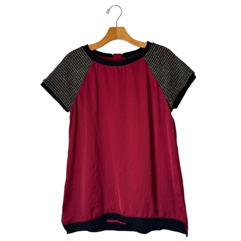 Sanctuary Shirt Women Medium Red Silky Short Tweed Sleeve Back Zip Blouse Preppy